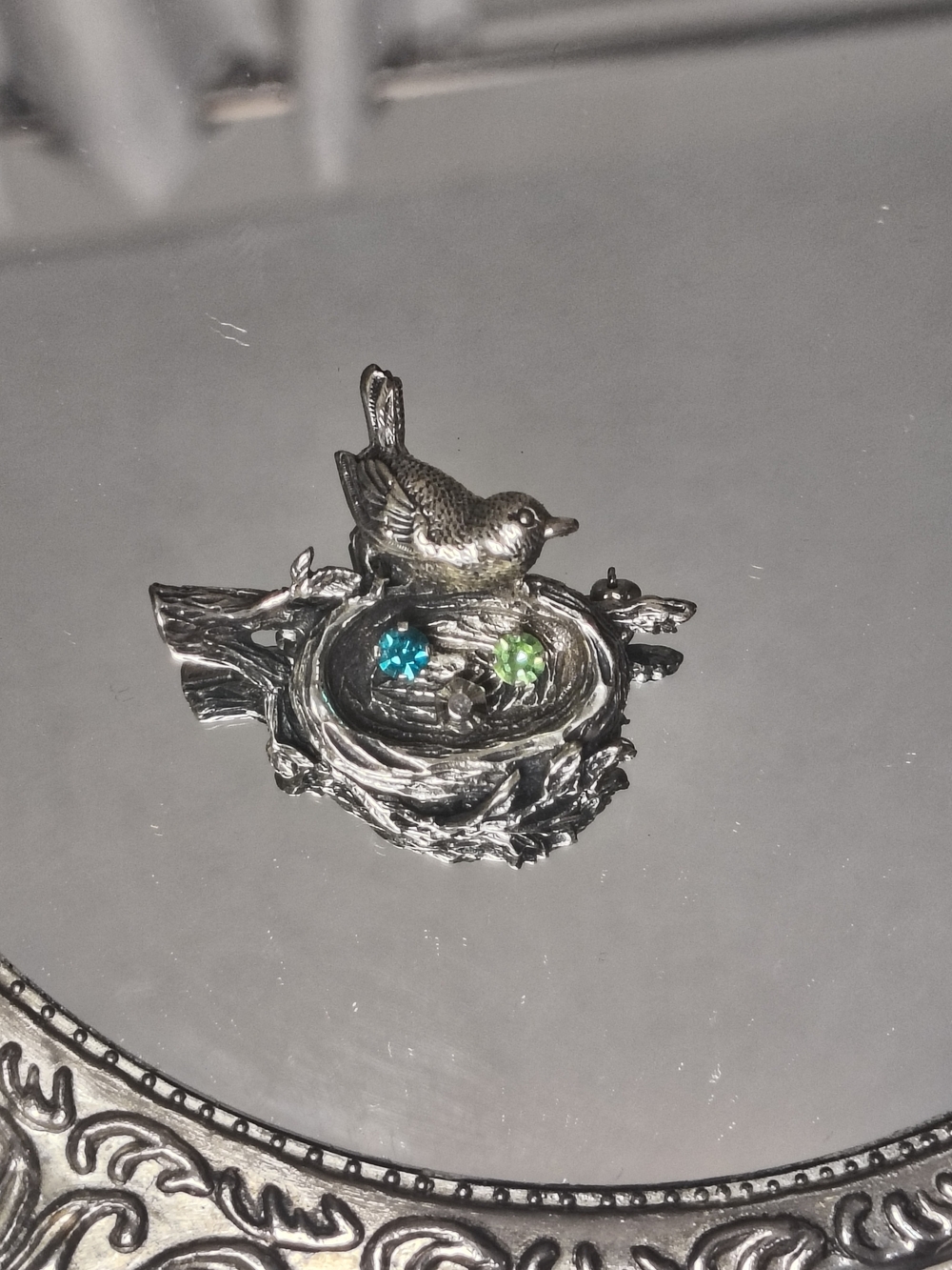 Vintage ANSON Sterling Silver Bird Nest Brooch Pin Blue Green Rhinestone Eggs